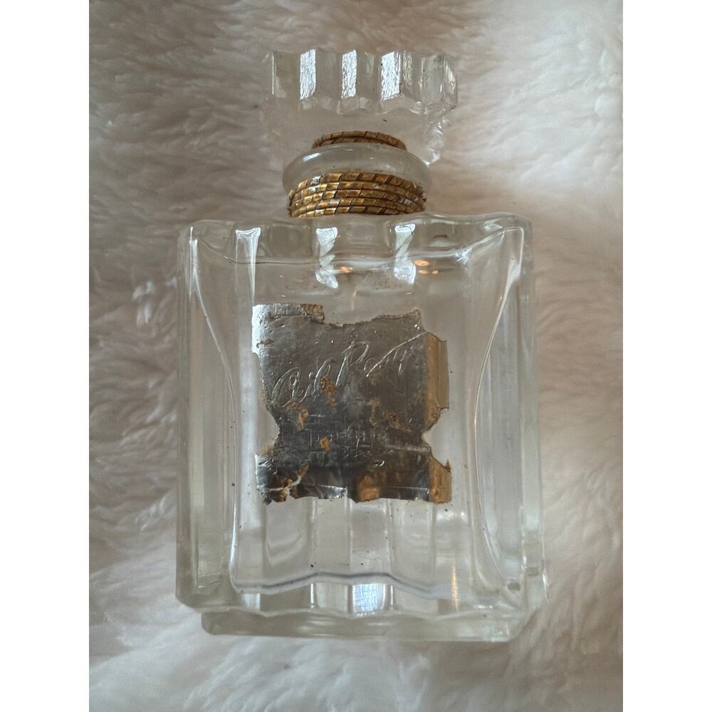 Vintage Clear Glass Perfume Bottle Silver Tone Label Gold Wrapped Stopper Empty
